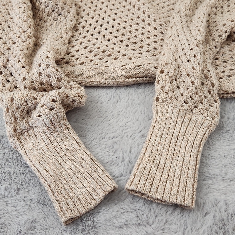 Express XS Cream Metallic Open Knit Sweater Long Sleeve Crochet Pullover - Picture 6 of 10